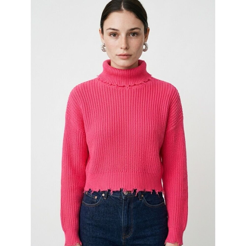FOREVER 21 | Neon Coral Turtleneck Raw Edge Cropped Sweater Women’s Size Medium